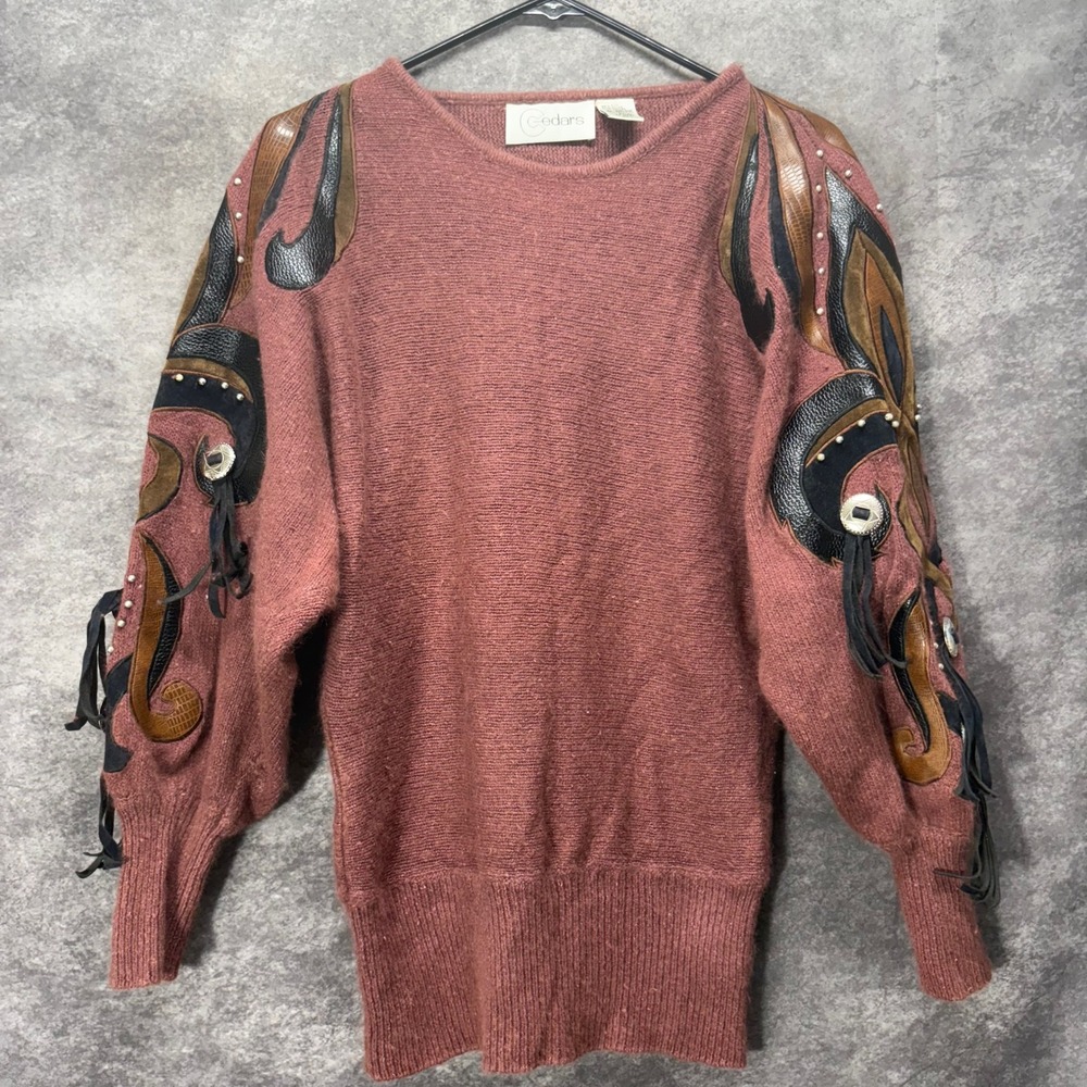 VTG 80s Cedars Silk Angora Western Sweater Womens L Fringe Faux Leather Design